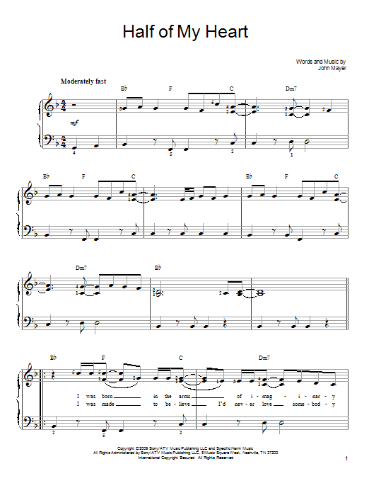 John Mayer Half Of My Heart (feat. Taylor Swift) Sheet Music Notes & Chords for Very Easy Piano - Download or Print PDF