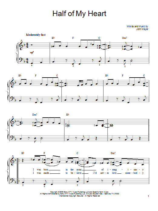 John Mayer Half Of My Heart (feat. Taylor Swift) Sheet Music Notes & Chords for Easy Piano - Download or Print PDF