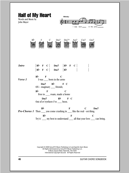 John Mayer Half Of My Heart Sheet Music Notes & Chords for Lyrics & Chords - Download or Print PDF