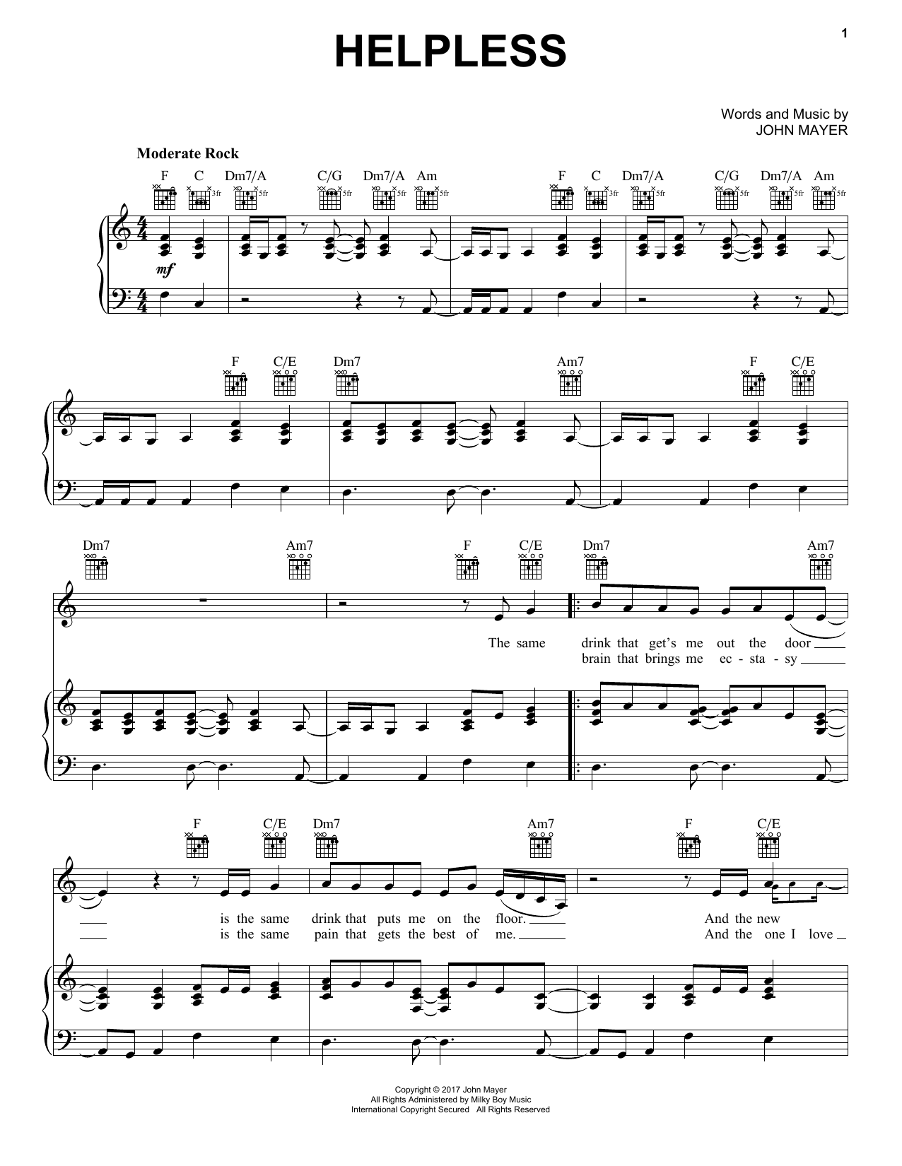 John Mayer Helpless Sheet Music Notes & Chords for Piano, Vocal & Guitar (Right-Hand Melody) - Download or Print PDF