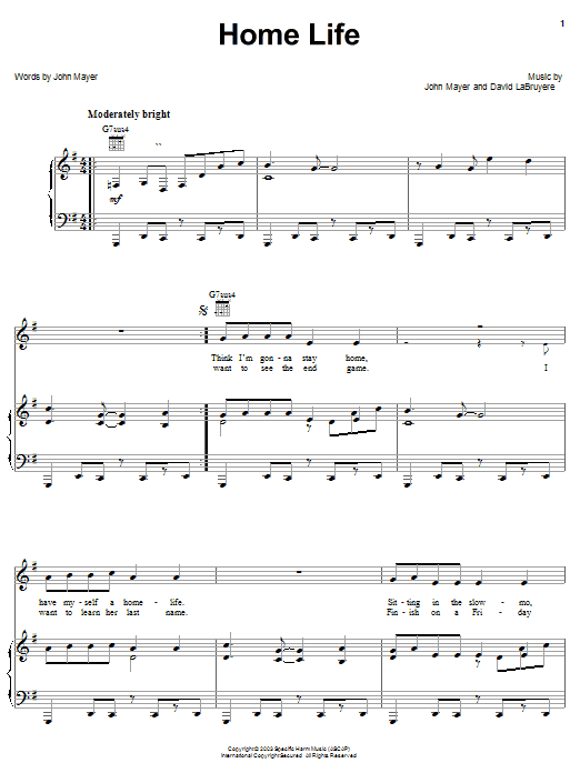 John Mayer Home Life Sheet Music Notes & Chords for Piano, Vocal & Guitar (Right-Hand Melody) - Download or Print PDF