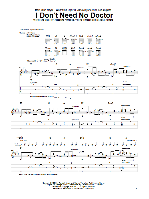 John Mayer I Don't Need No Doctor Sheet Music Notes & Chords for Guitar Tab - Download or Print PDF