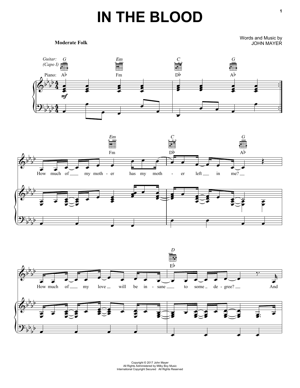 John Mayer In The Blood Sheet Music Notes & Chords for Piano, Vocal & Guitar (Right-Hand Melody) - Download or Print PDF