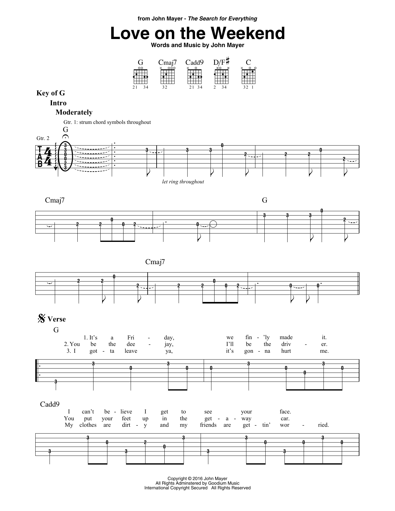 John Mayer Love On The Weekend Sheet Music Notes & Chords for Chord Buddy - Download or Print PDF