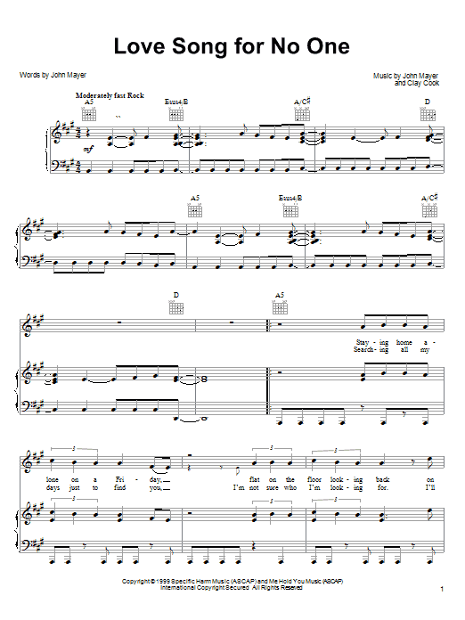 John Mayer Love Song For No One Sheet Music Notes & Chords for Piano, Vocal & Guitar (Right-Hand Melody) - Download or Print PDF