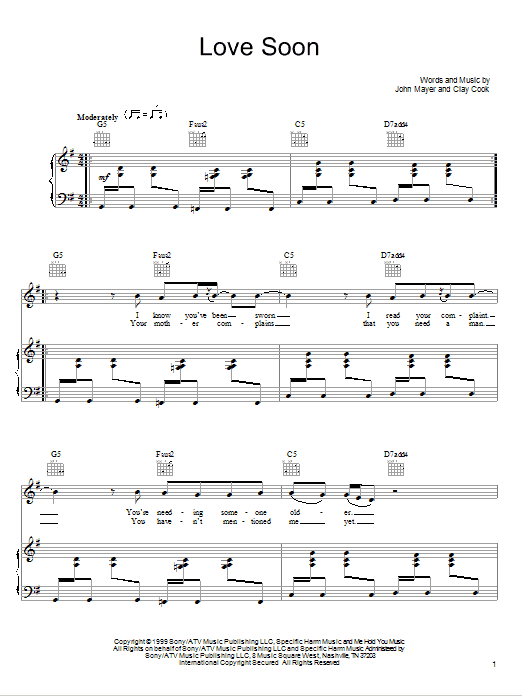 John Mayer Love Soon Sheet Music Notes & Chords for Easy Guitar - Download or Print PDF