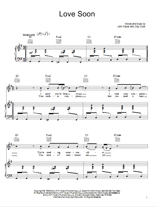 John Mayer Love Soon Sheet Music Notes & Chords for Lyrics & Chords - Download or Print PDF