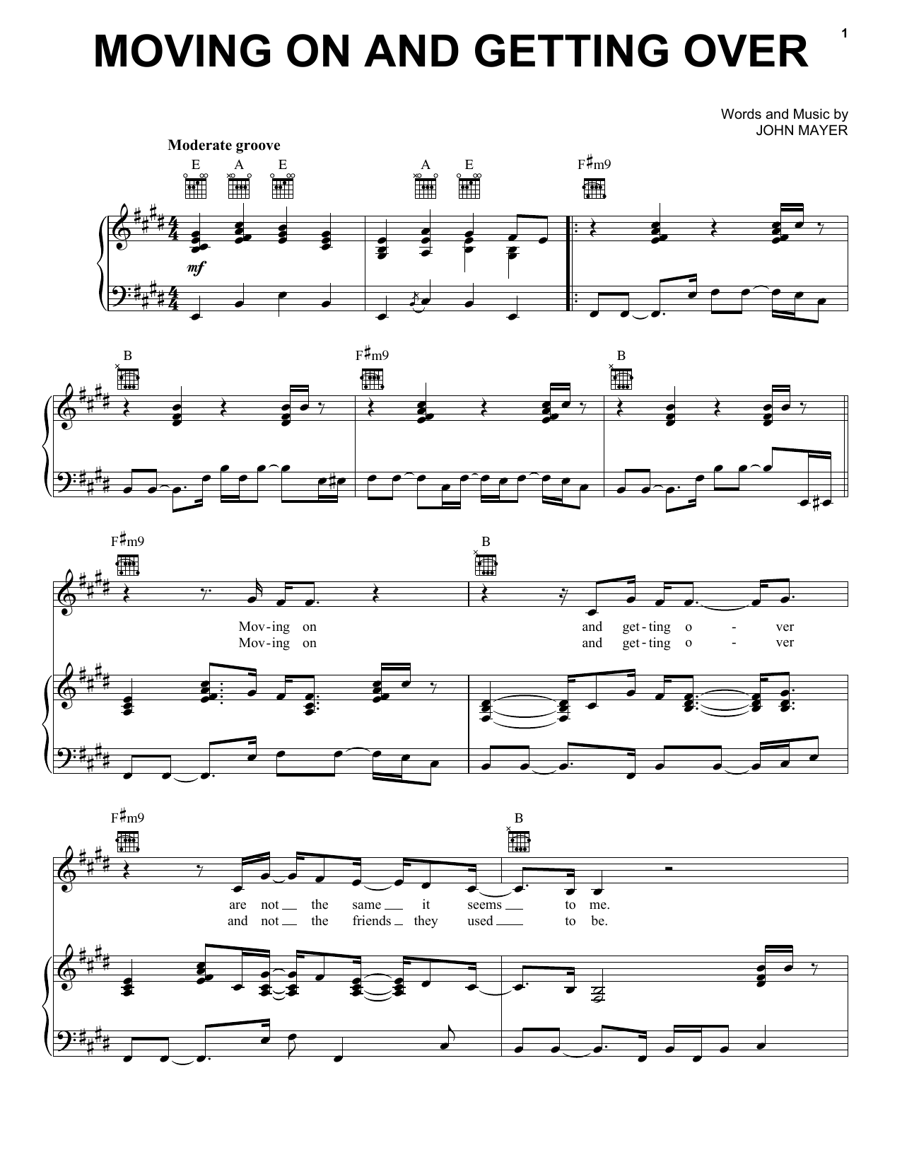 John Mayer Moving On And Getting Over Sheet Music Notes & Chords for Piano, Vocal & Guitar (Right-Hand Melody) - Download or Print PDF