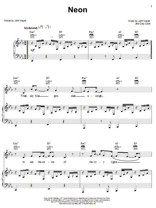 John Mayer Neon Sheet Music Notes & Chords for Lyrics & Chords - Download or Print PDF