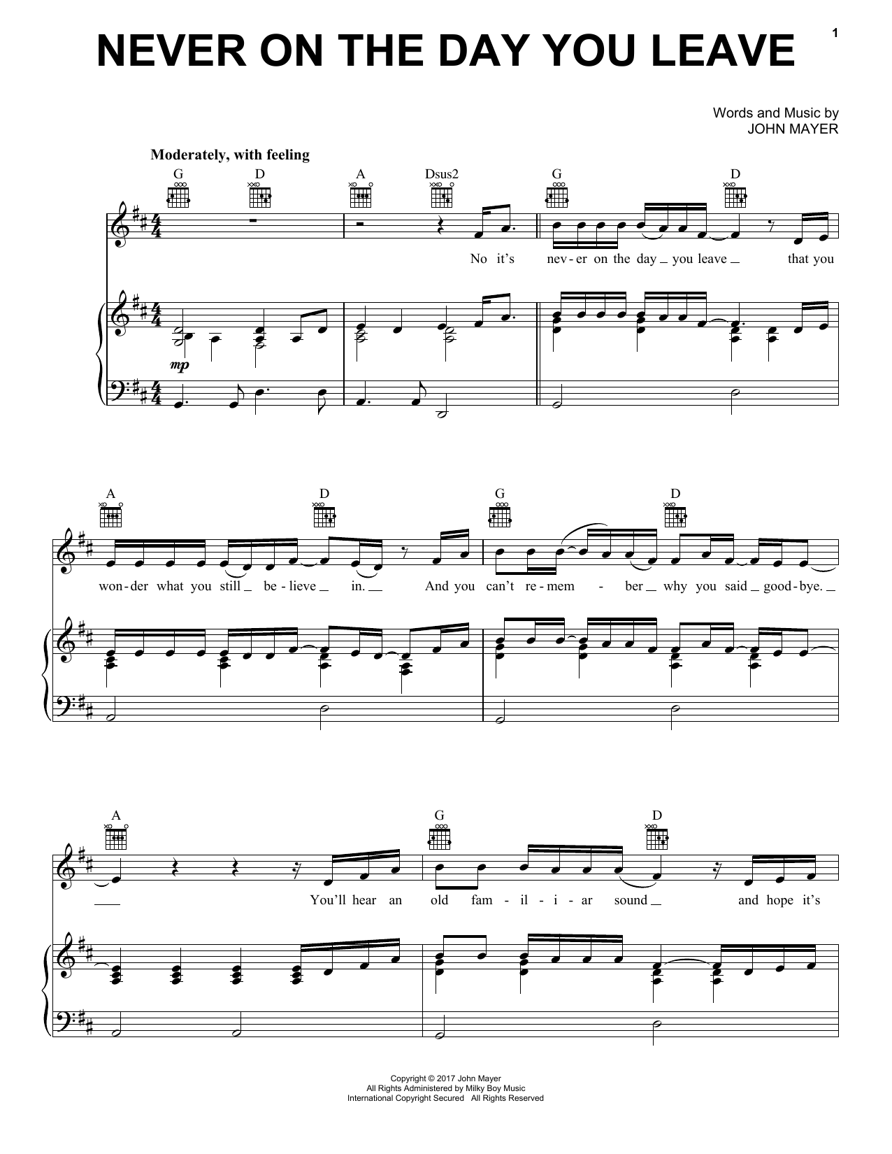 John Mayer Never On The Day You Leave Sheet Music Notes & Chords for Piano, Vocal & Guitar (Right-Hand Melody) - Download or Print PDF
