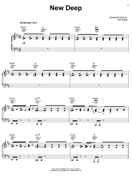 John Mayer New Deep Sheet Music Notes & Chords for Piano, Vocal & Guitar (Right-Hand Melody) - Download or Print PDF