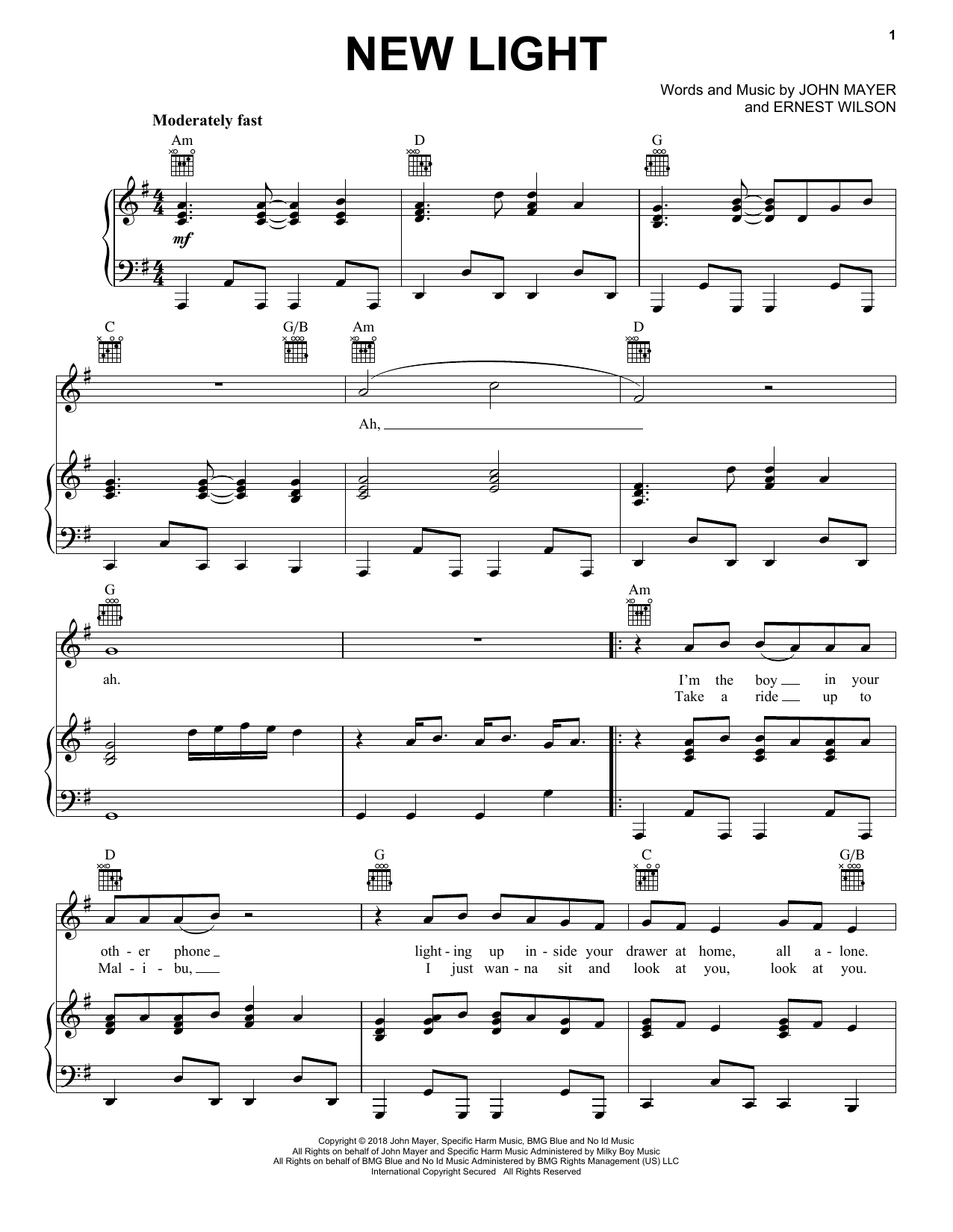 John Mayer New Light Sheet Music Notes & Chords for Piano, Vocal & Guitar (Right-Hand Melody) - Download or Print PDF