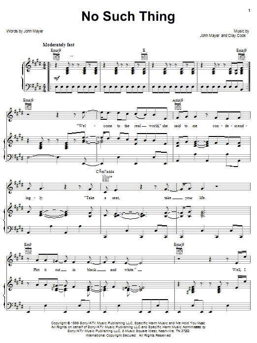John Mayer No Such Thing Sheet Music Notes & Chords for Piano, Vocal & Guitar (Right-Hand Melody) - Download or Print PDF