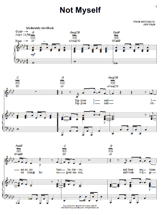 John Mayer Not Myself Sheet Music Notes & Chords for Piano, Vocal & Guitar (Right-Hand Melody) - Download or Print PDF