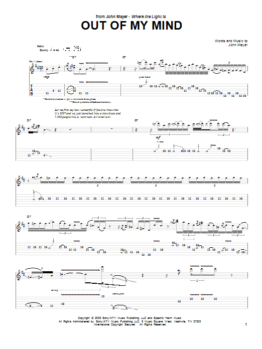 John Mayer Out Of My Mind Sheet Music Notes & Chords for Guitar Tab - Download or Print PDF