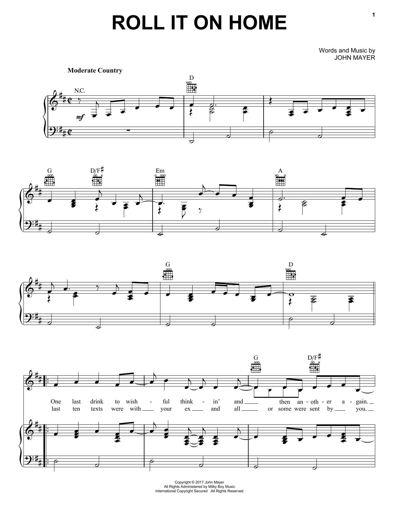 John Mayer Roll It On Home Sheet Music Notes & Chords for Piano, Vocal & Guitar (Right-Hand Melody) - Download or Print PDF