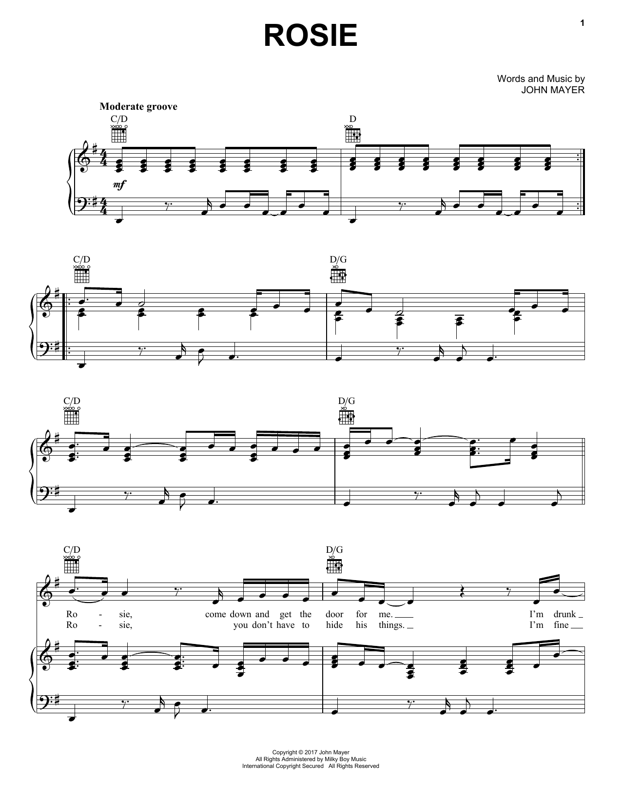 John Mayer Rosie Sheet Music Notes & Chords for Piano, Vocal & Guitar (Right-Hand Melody) - Download or Print PDF