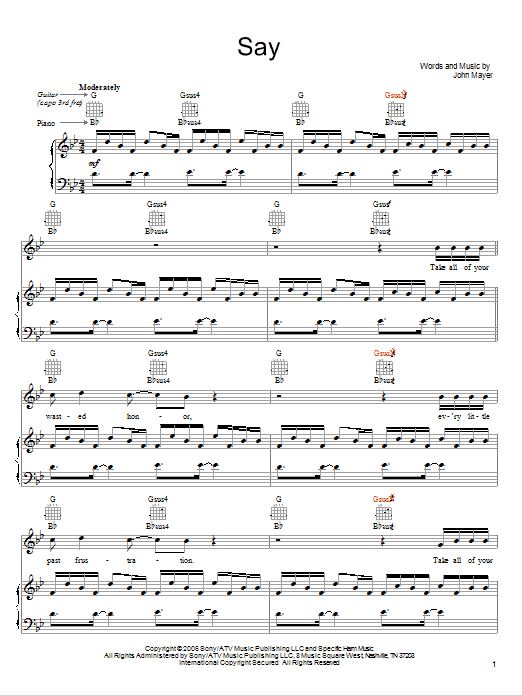 John Mayer Say Sheet Music Notes & Chords for Voice - Download or Print PDF
