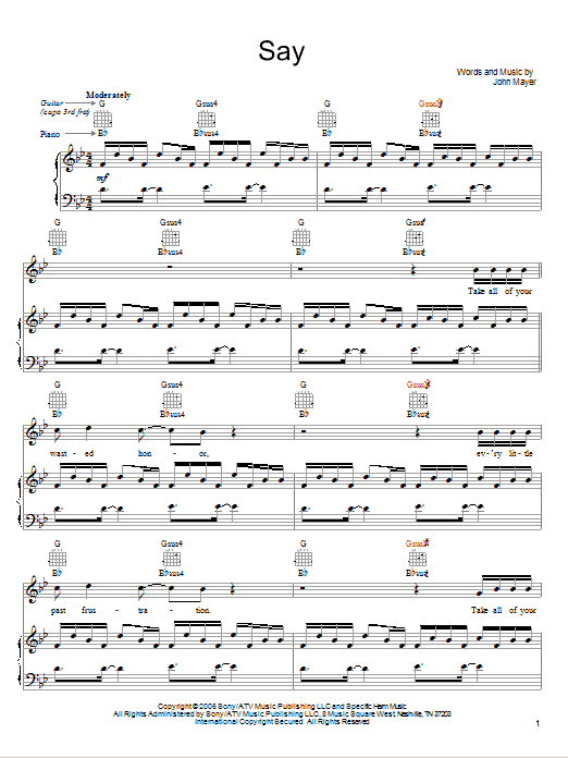 John Mayer Say Sheet Music Notes & Chords for Piano, Vocal & Guitar (Right-Hand Melody) - Download or Print PDF