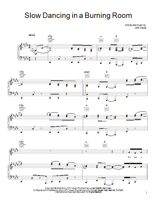 John Mayer Slow Dancing In A Burning Room Sheet Music Notes & Chords for Easy Guitar - Download or Print PDF