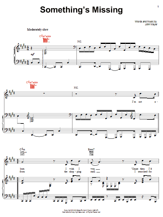 John Mayer Something's Missing Sheet Music Notes & Chords for Piano, Vocal & Guitar (Right-Hand Melody) - Download or Print PDF