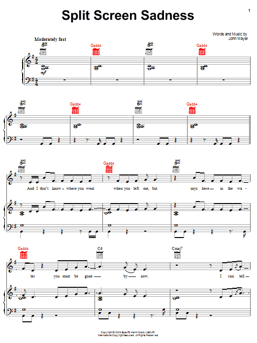 John Mayer Split Screen Sadness Sheet Music Notes & Chords for Piano, Vocal & Guitar (Right-Hand Melody) - Download or Print PDF