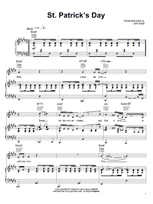 John Mayer St. Patrick's Day Sheet Music Notes & Chords for Lyrics & Chords - Download or Print PDF