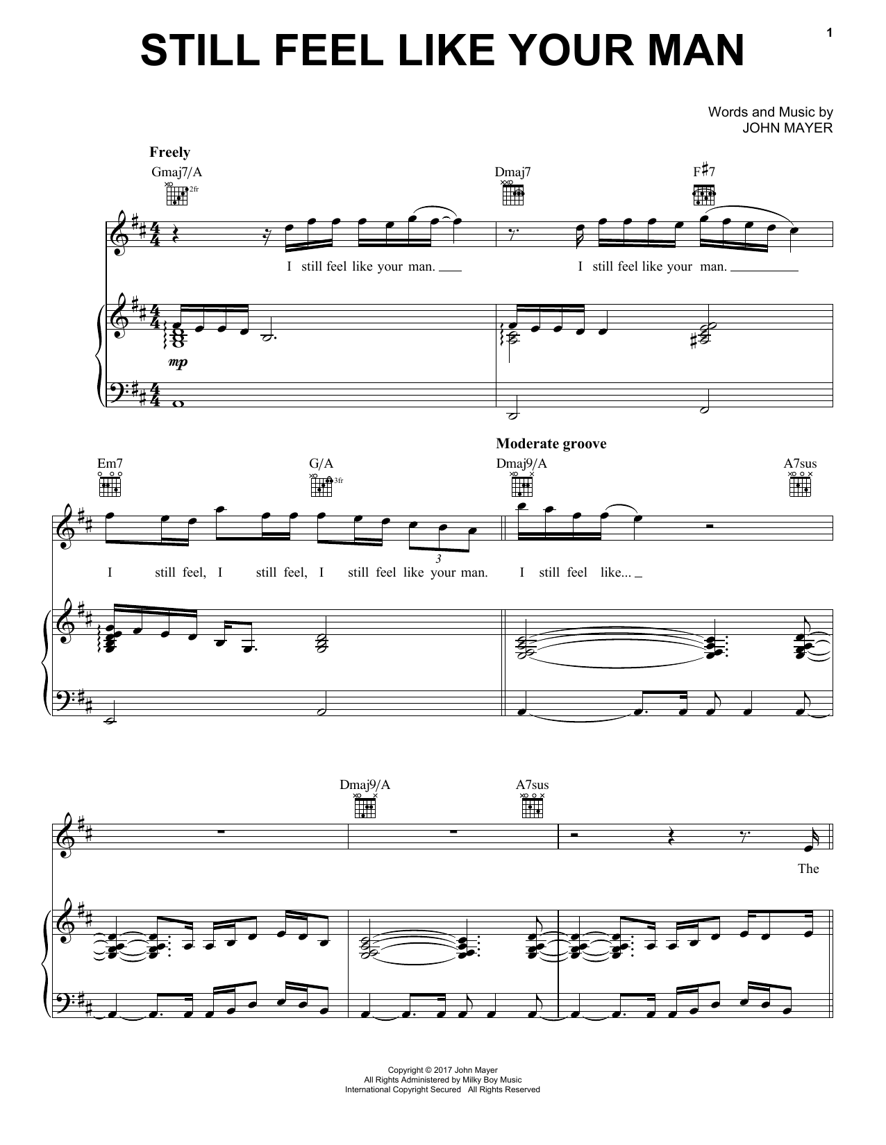 John Mayer Still Feel Like Your Man Sheet Music Notes & Chords for Piano, Vocal & Guitar (Right-Hand Melody) - Download or Print PDF