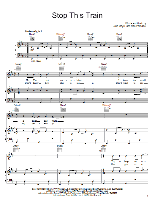 John Mayer Stop This Train Sheet Music Notes & Chords for Lyrics & Chords - Download or Print PDF