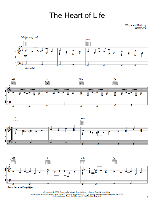 John Mayer The Heart Of Life Sheet Music Notes & Chords for Piano, Vocal & Guitar (Right-Hand Melody) - Download or Print PDF