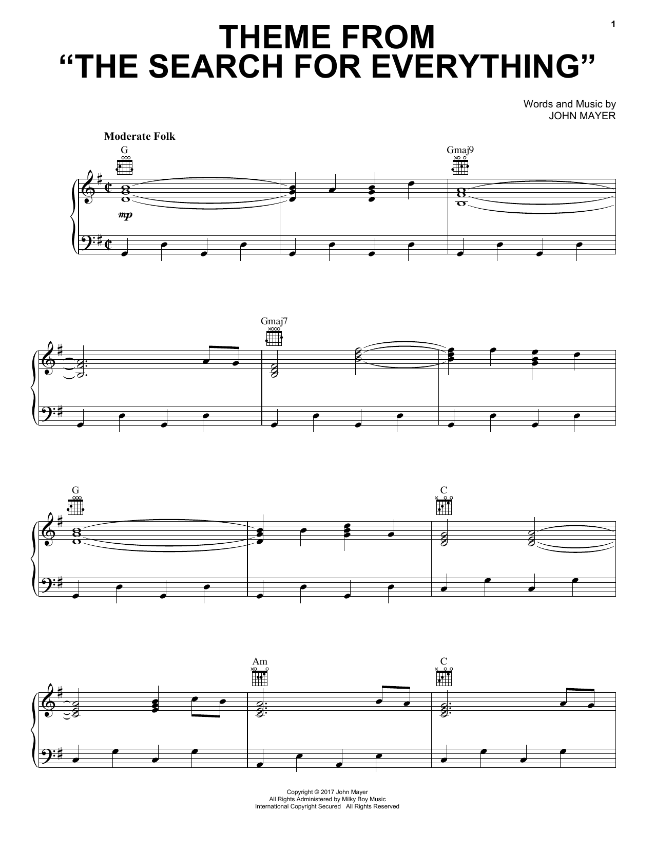 John Mayer Theme From The Search For Everything Sheet Music Notes & Chords for Piano, Vocal & Guitar (Right-Hand Melody) - Download or Print PDF