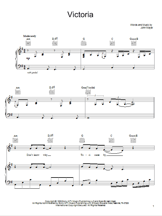 John Mayer Victoria Sheet Music Notes & Chords for Easy Guitar - Download or Print PDF