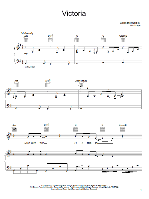 John Mayer Victoria Sheet Music Notes & Chords for Piano, Vocal & Guitar (Right-Hand Melody) - Download or Print PDF