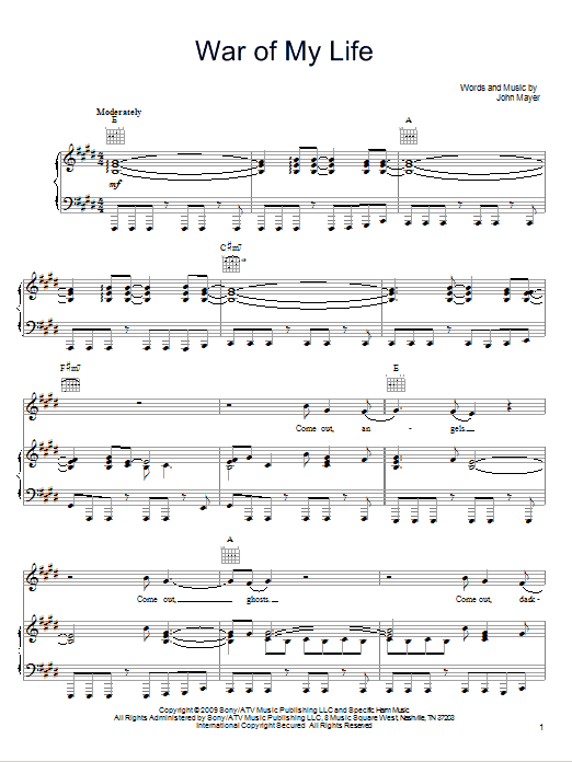 John Mayer War Of My Life Sheet Music Notes & Chords for Guitar Tab - Download or Print PDF