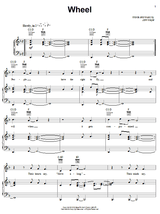 John Mayer Wheel Sheet Music Notes & Chords for Piano, Vocal & Guitar (Right-Hand Melody) - Download or Print PDF