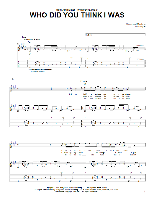 John Mayer Who Did You Think I Was Sheet Music Notes & Chords for Guitar Tab - Download or Print PDF