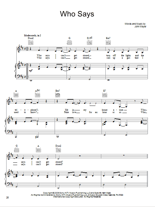 John Mayer Who Says Sheet Music Notes & Chords for Easy Piano - Download or Print PDF