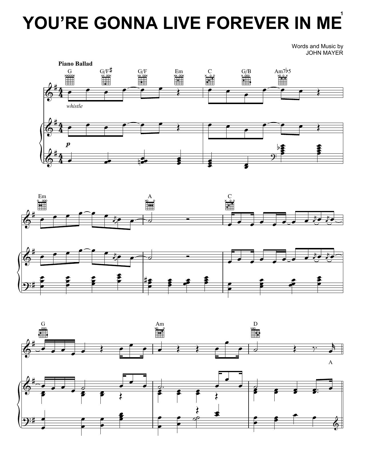John Mayer You're Gonna Live Forever In Me Sheet Music Notes & Chords for Piano, Vocal & Guitar (Right-Hand Melody) - Download or Print PDF