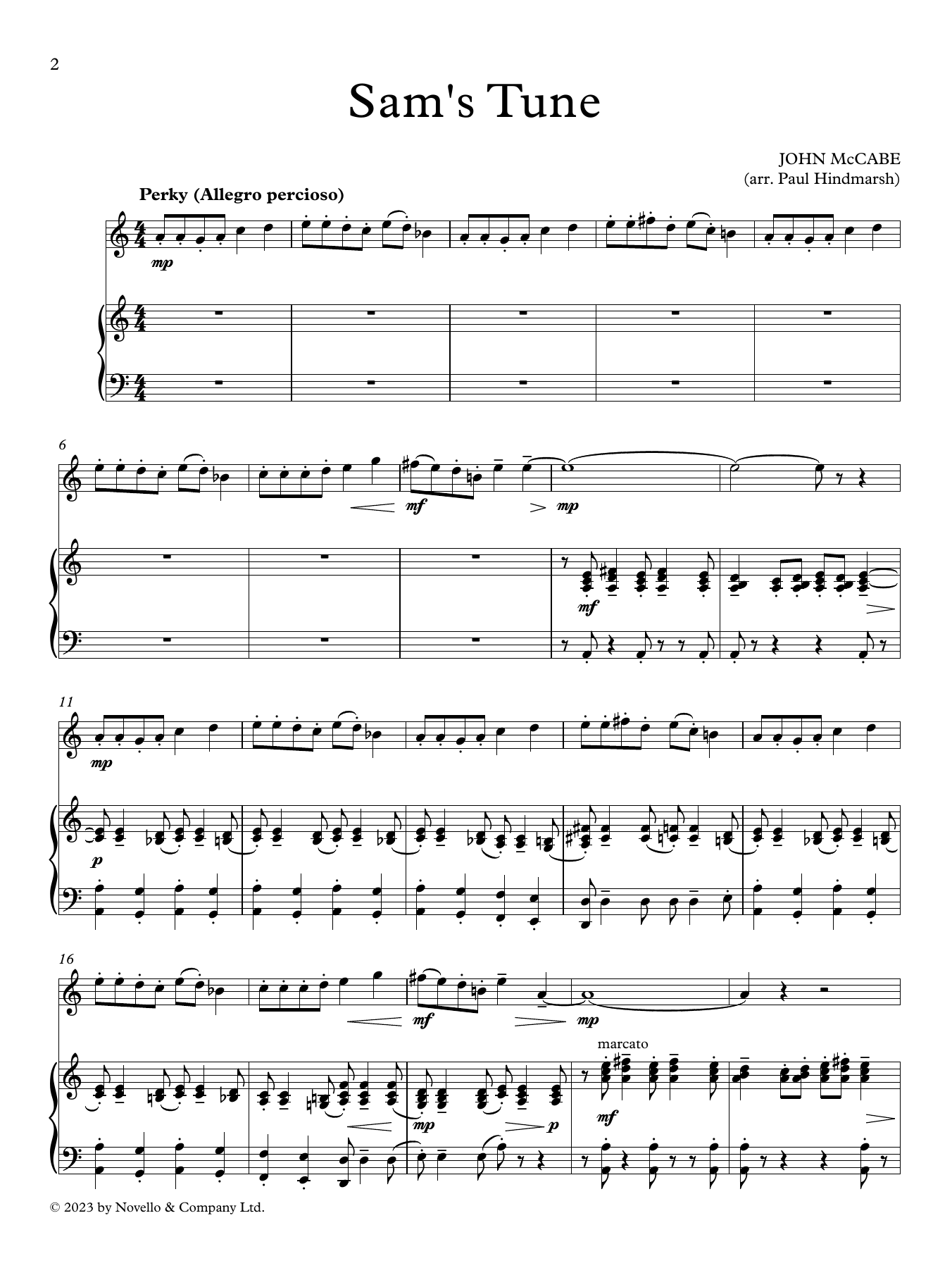 John McCabe Sam's Tune (arr. Paul Hindmarsh) Sheet Music Notes & Chords for Instrumental Solo – Treble Clef High Range - Download or Print PDF