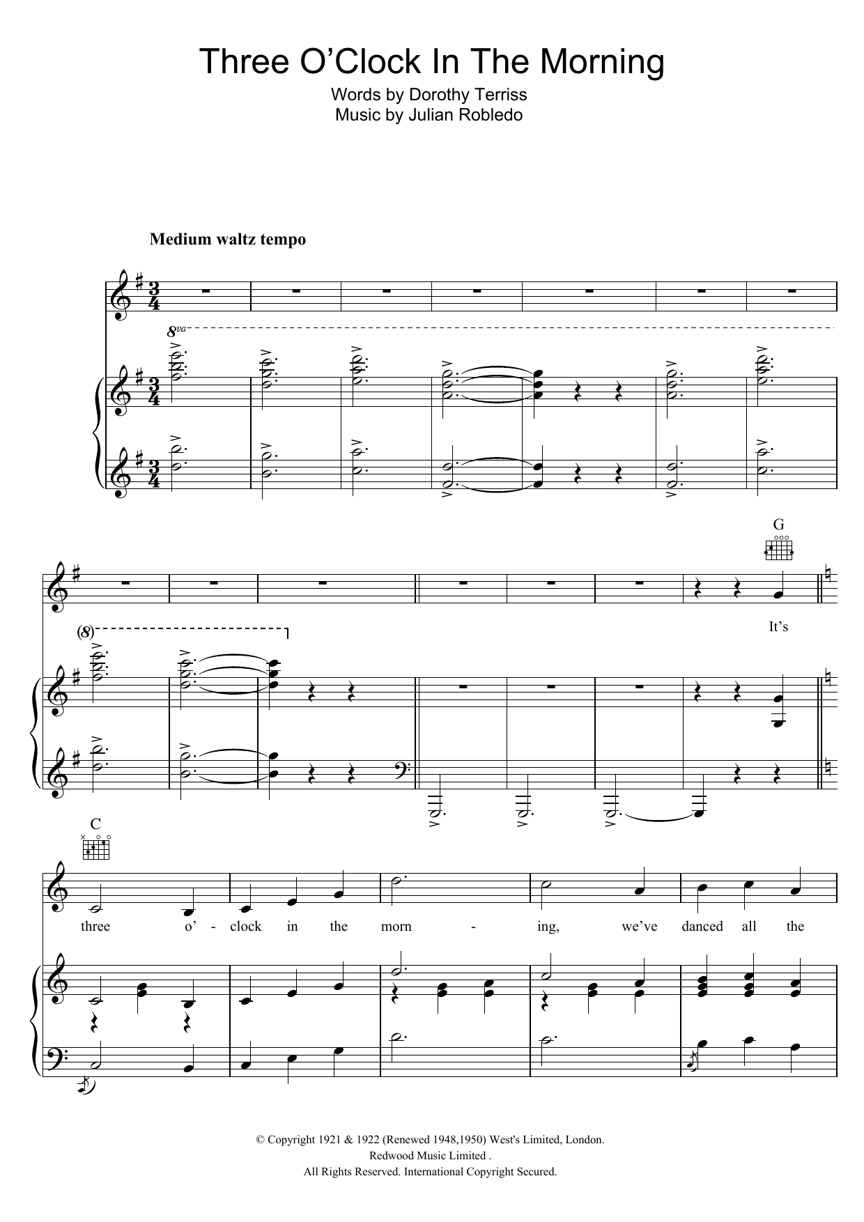John McCormack Three O'Clock In The Morning Sheet Music Notes & Chords for Piano, Vocal & Guitar (Right-Hand Melody) - Download or Print PDF