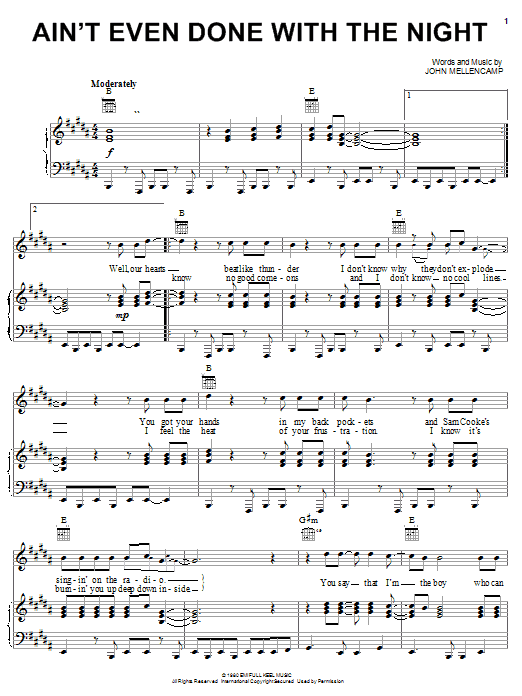 John (Cougar) Mellencamp Ain't Even Done With The Night Sheet Music Notes & Chords for Piano, Vocal & Guitar (Right-Hand Melody) - Download or Print PDF