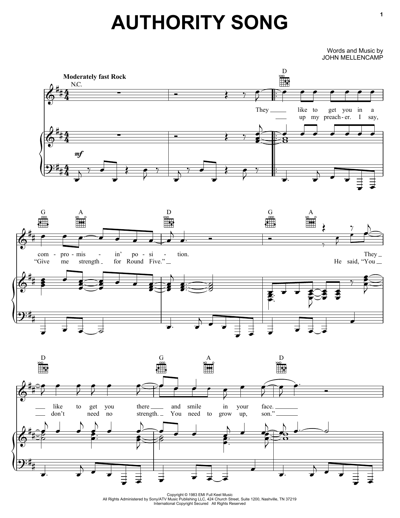John Mellencamp Authority Song Sheet Music Notes & Chords for Easy Guitar - Download or Print PDF