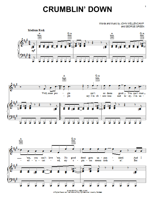 John Mellencamp Crumblin' Down Sheet Music Notes & Chords for Piano, Vocal & Guitar (Right-Hand Melody) - Download or Print PDF