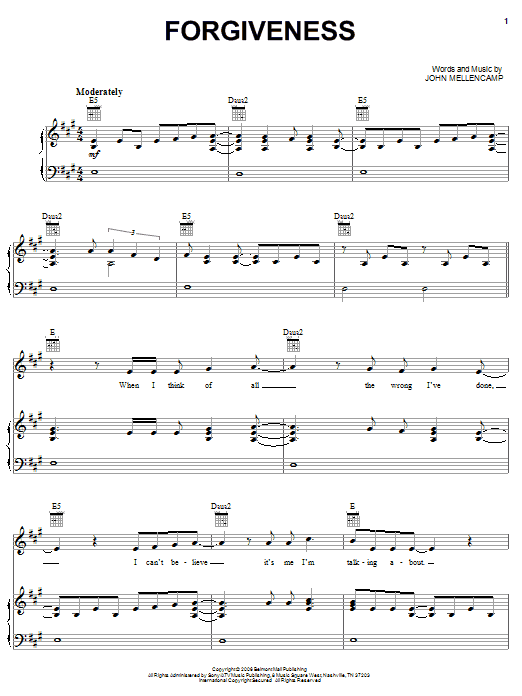 John Mellencamp Forgiveness Sheet Music Notes & Chords for Piano, Vocal & Guitar (Right-Hand Melody) - Download or Print PDF