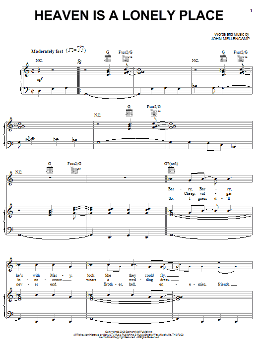 John Mellencamp Heaven Is A Lonely Place Sheet Music Notes & Chords for Piano, Vocal & Guitar (Right-Hand Melody) - Download or Print PDF