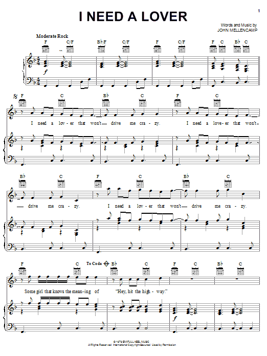 John Mellencamp I Need A Lover Sheet Music Notes & Chords for Guitar Tab Play-Along - Download or Print PDF
