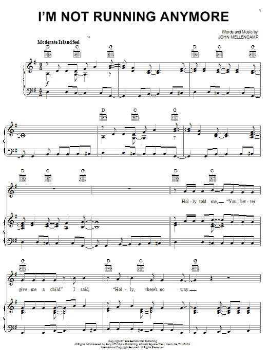 John Mellencamp I'm Not Running Anymore Sheet Music Notes & Chords for Piano, Vocal & Guitar (Right-Hand Melody) - Download or Print PDF