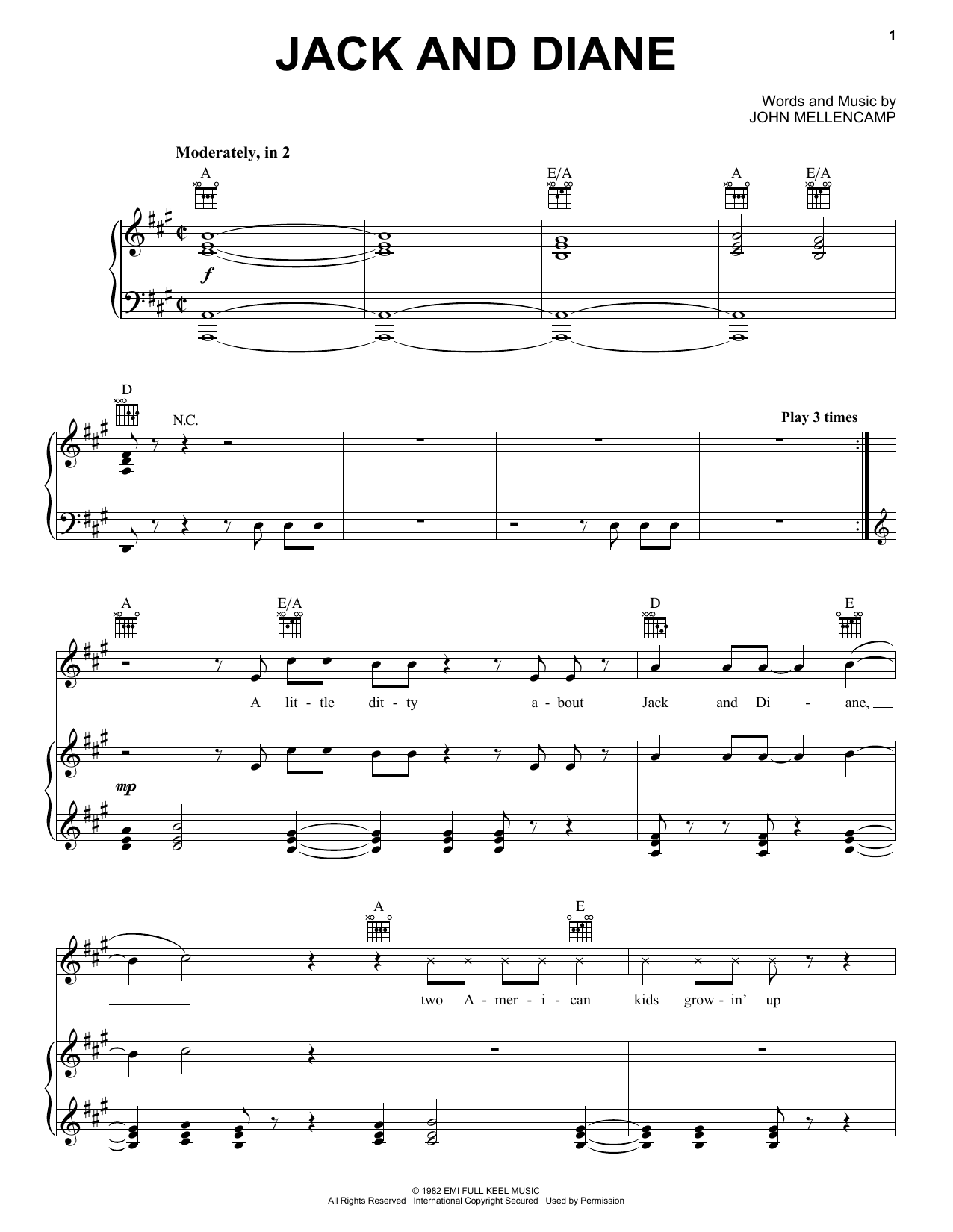 John Mellencamp Jack And Diane Sheet Music Notes & Chords for Melody Line, Lyrics & Chords - Download or Print PDF