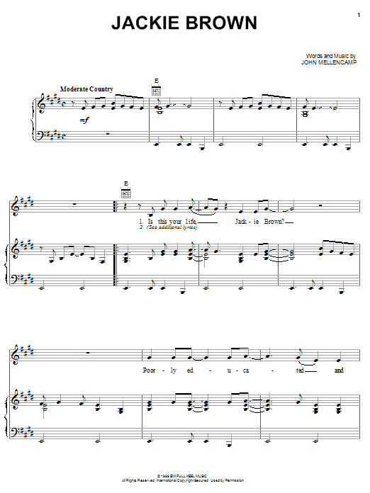 John Mellencamp Jackie Brown Sheet Music Notes & Chords for Piano, Vocal & Guitar (Right-Hand Melody) - Download or Print PDF