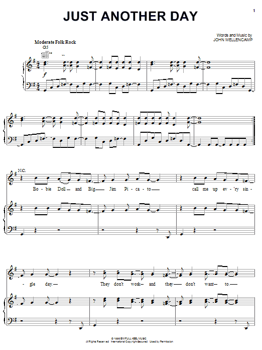 John Mellencamp Just Another Day Sheet Music Notes & Chords for Piano, Vocal & Guitar (Right-Hand Melody) - Download or Print PDF